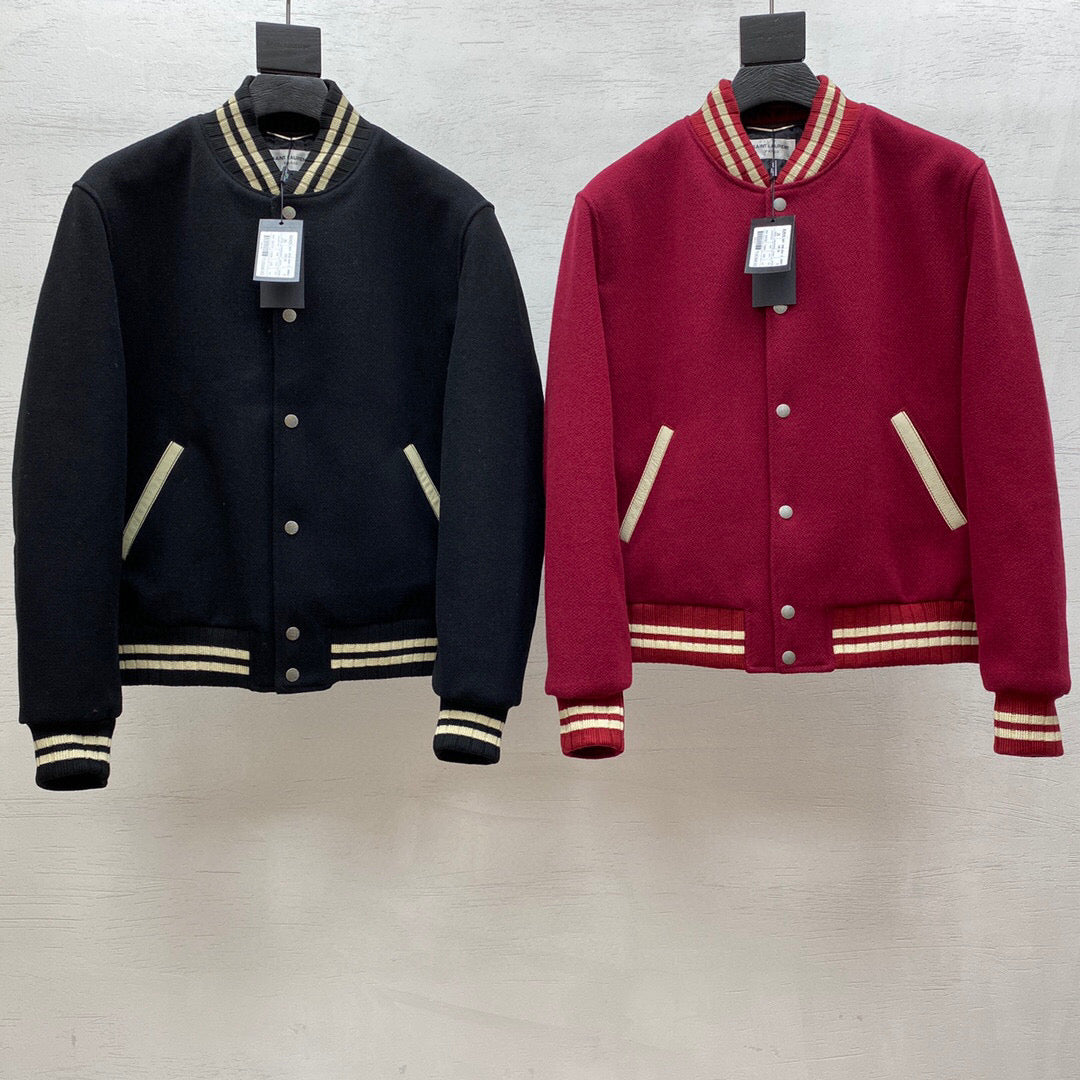 Navy Wool Contrast Trim Varsity - Men's