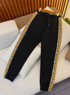 Black Cotton Check Panel Joggers - Men's