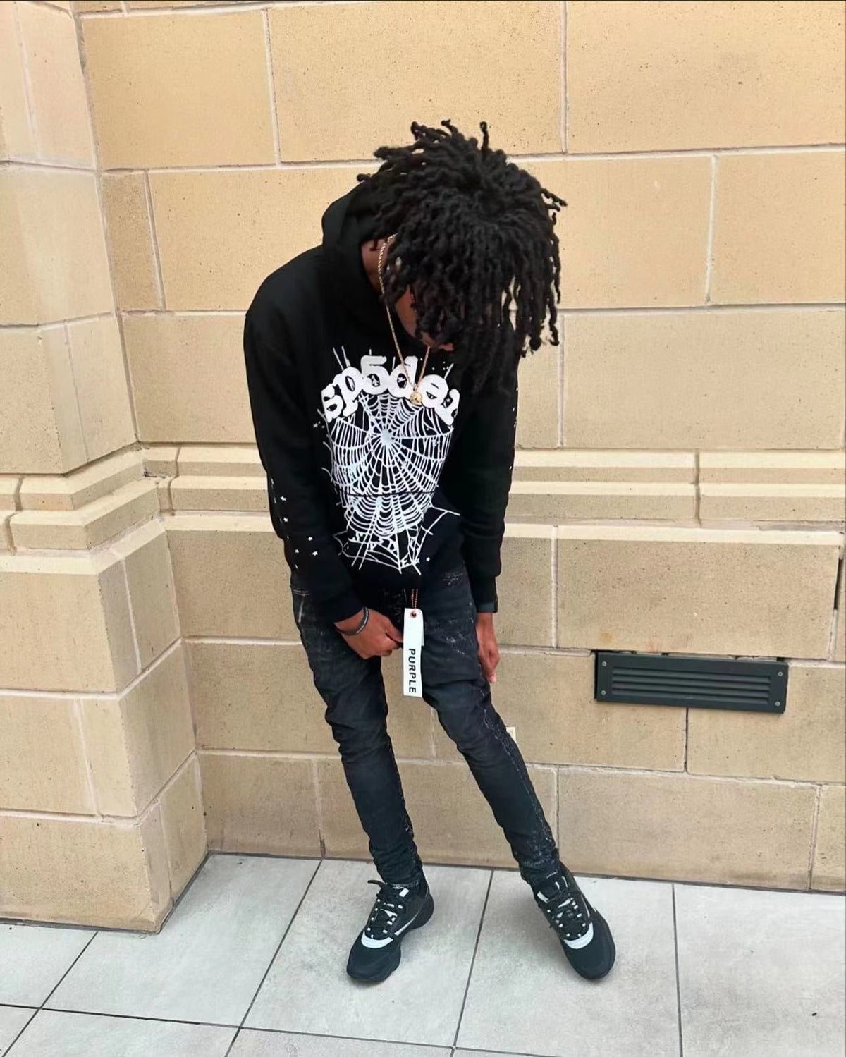 Black Cotton Web Graphic Pullover - Men's