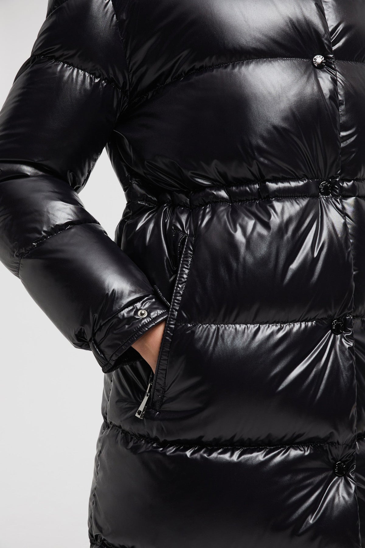 Cavettaz Long Down Jacket – crafted from nylon laqué Nylon laqué lining Down-filled Detachable hood Zipper – LUX VERSE Luxury Designer Fashion Outlet