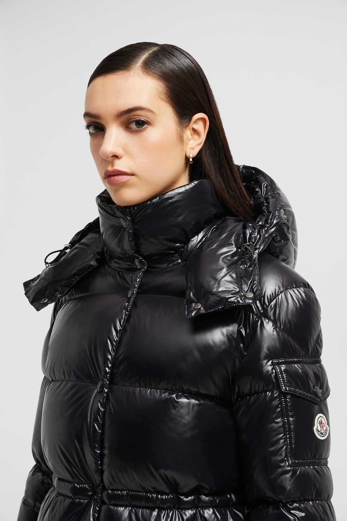 Cavettaz Long Down Jacket – crafted from nylon laqué Nylon laqué lining Down-filled Detachable hood Zipper – LUX VERSE Luxury Designer Fashion Outlet