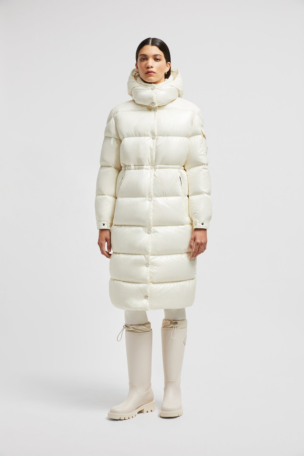 Cavettaz Long Down Jacket – crafted from nylon laqué Nylon laqué lining Down-filled Detachable hood Zipper – LUX VERSE Luxury Designer Fashion Outlet