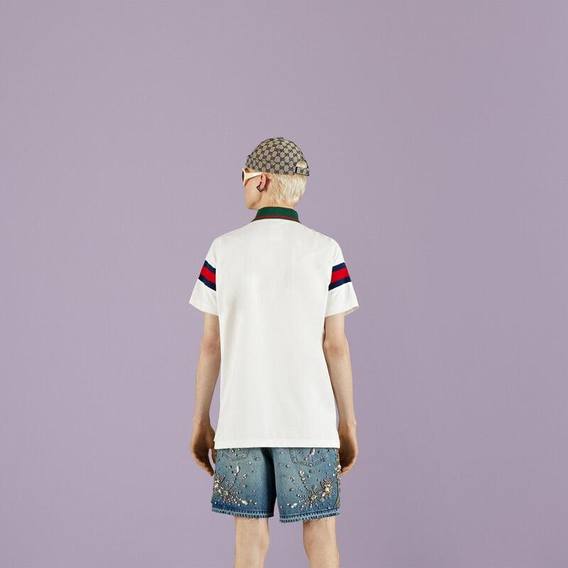 Cotton jersey polo with Web – a cotton jersey polo shirt featuring a blue and red Web around the sleeves – LUX VERSE Luxury Designer Fashion Outlet