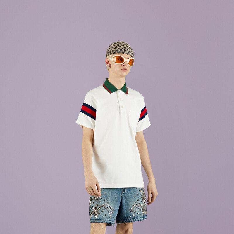 Cotton jersey polo with Web – white cotton jersey Blue and red Web trim along the sleeves Point collar – LUX VERSE Luxury Designer Fashion Outlet
