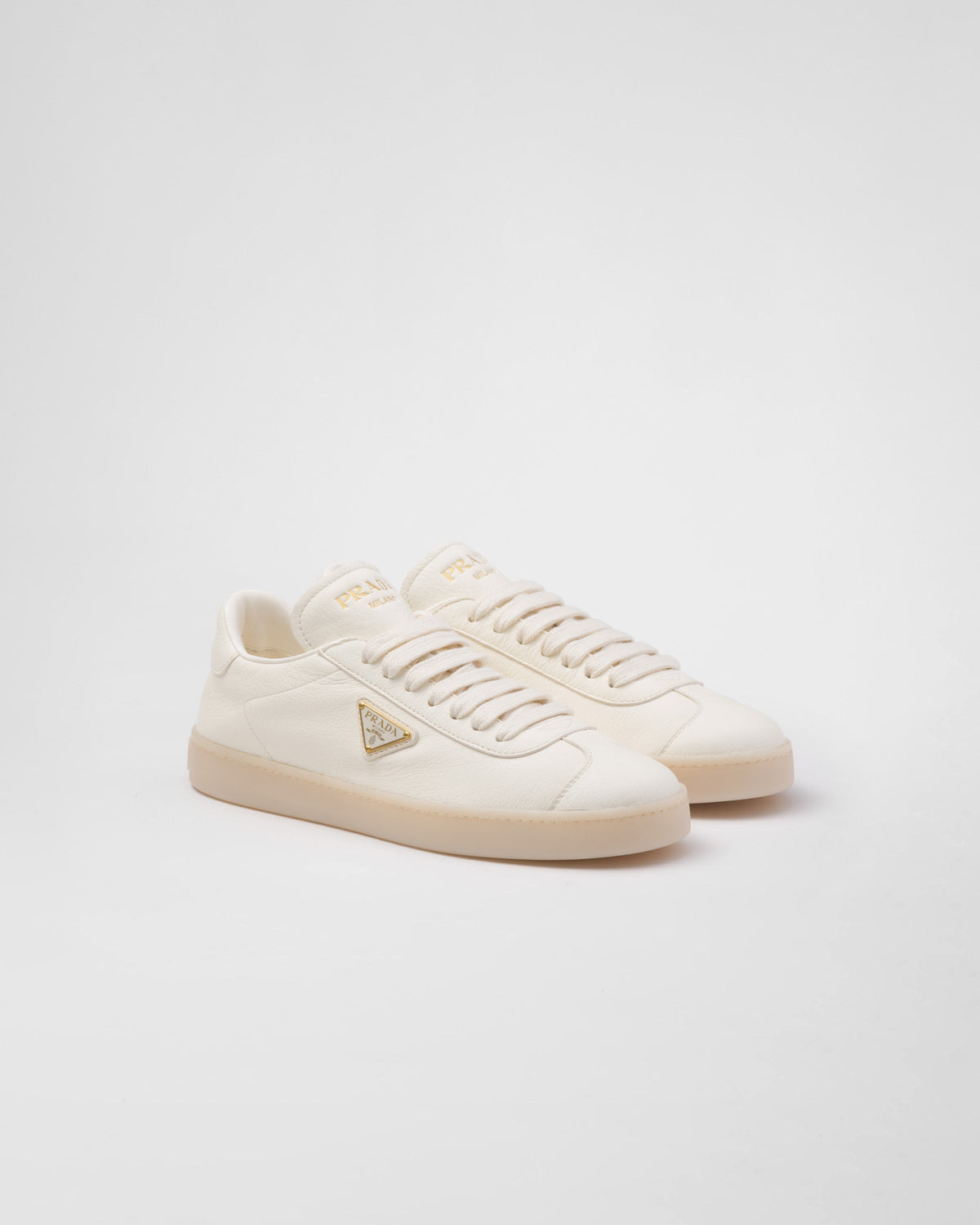 Leather sneakers – leather lining Enameled metal triangle logo Flat cotton laces Rubber sole, height 25 – LUX VERSE Luxury Designer Fashion Outlet