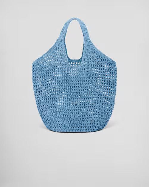 Crochet tote bag – raffia-effect yarn Crochet workmanship Embroidered lettering logo on the front – LUX VERSE Luxury Designer Fashion Outlet