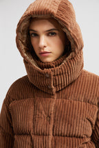 Daos Corduroy Down Jacket – crafted from corduroy Recycled longue saison lining Down-filled Detachable hood Snap – LUX VERSE Luxury Designer Fashion Outlet