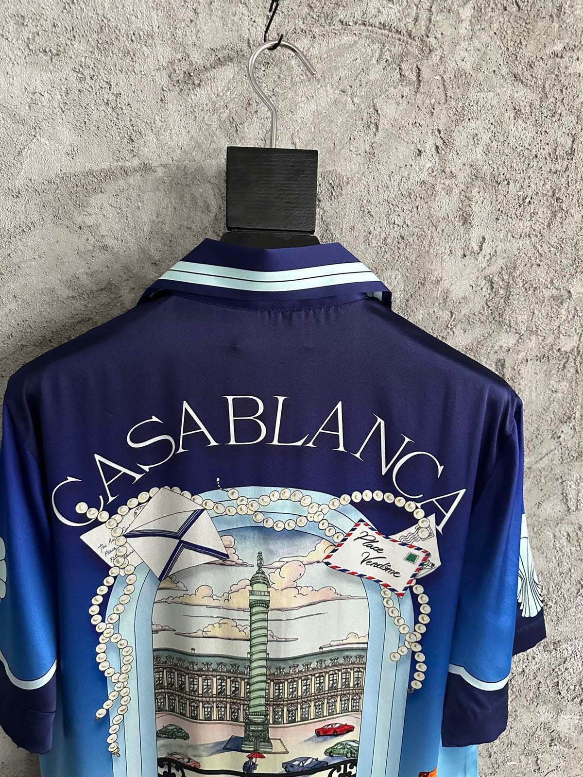 Blaues Seiden-Gradienten-Print Kurzarmhemd – Herren