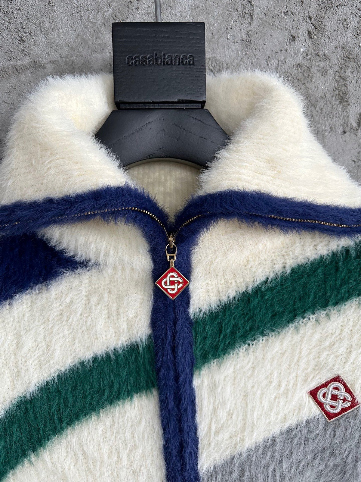 Cremefarbener Strickpullover mit Streifen und Reißverschluss – Herren