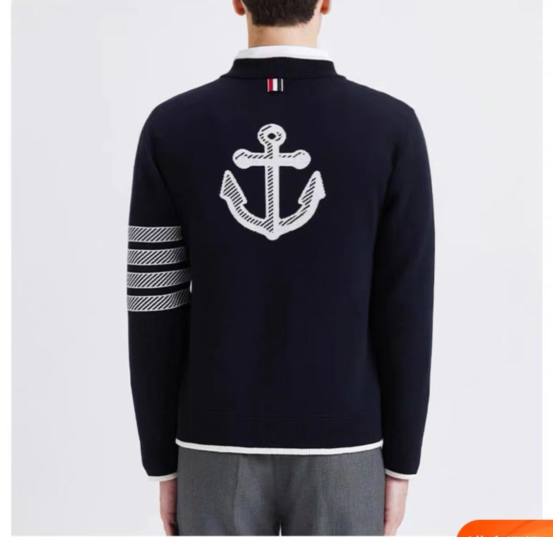 Marineblaue Strickjacke aus Wolle mit vier Streifen – Herren
