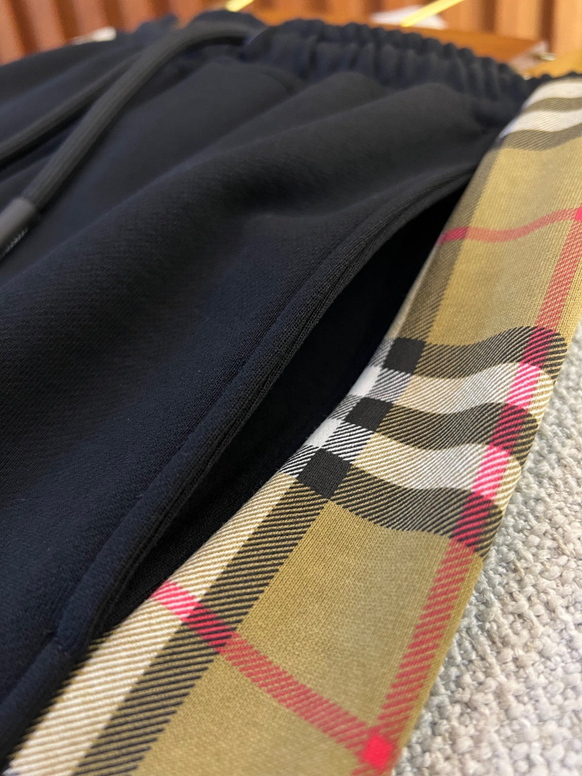 Black Cotton Check Panel Joggers - Men's