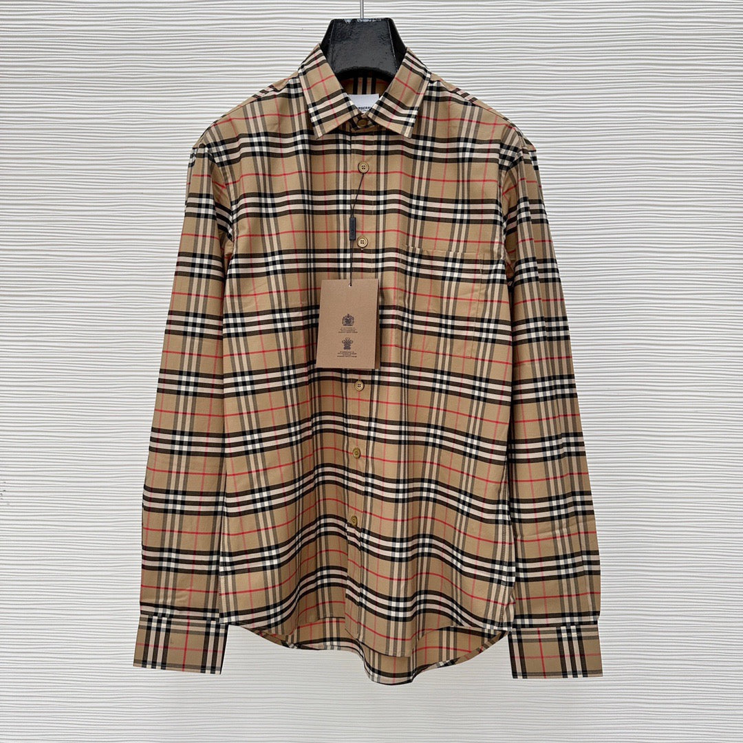 Beige Baumwoll-Langarmshirt mit Vintage Check – Herren