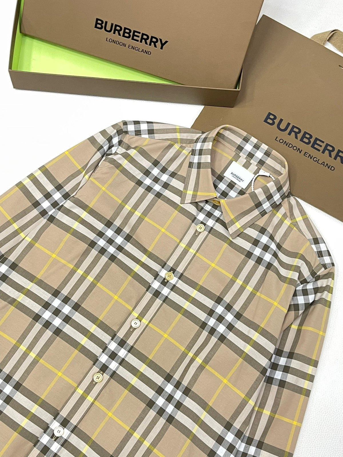 Beige Baumwoll-Karo-Langarmhemd – Herren