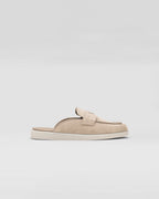 Suede sabots – leather lining Upper with band decorated with the enameled metal triangle logo 15 mm – LUX VERSE Luxury Designer Fashion Outlet