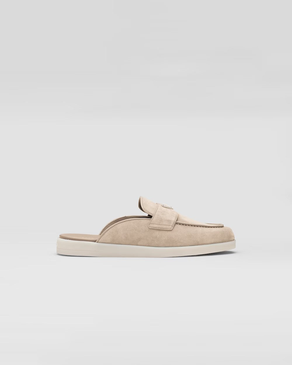 Suede sabots – leather lining Upper with band decorated with the enameled metal triangle logo 15 mm – LUX VERSE Luxury Designer Fashion Outlet