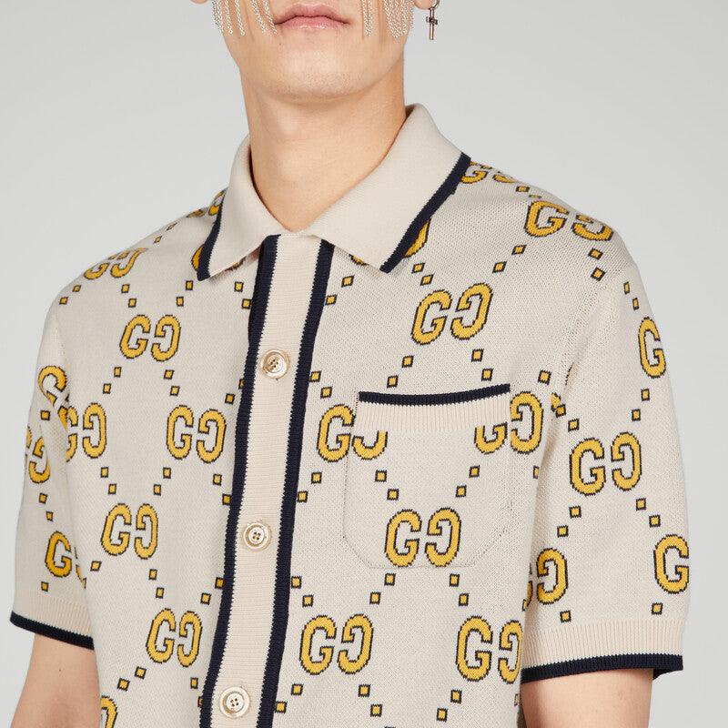 GG cotton bowling shirt – ivory and yellow GG cotton jacquard Polo collar Short sleeves Front chest pocket – LUX VERSE Luxury Designer Fashion Outlet