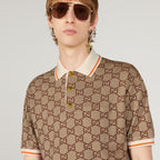 GG cotton silk polo shirt – beige and ebony GG cotton silk piquet jacquard Striped trim Gold-toned metal buttons – LUX VERSE Luxury Designer Fashion Outlet