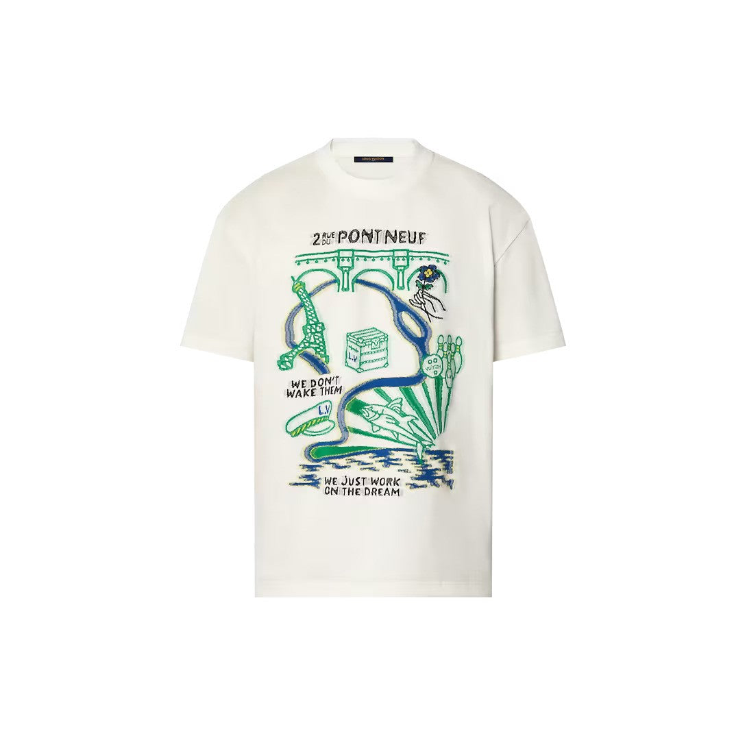 Intarsia Graphic Cotton T-Shirt – this soft white organic cotton t-shirt is given an arty twist with a graphic LV Pont – LUX VERSE Luxury Designer Fashion Outlet