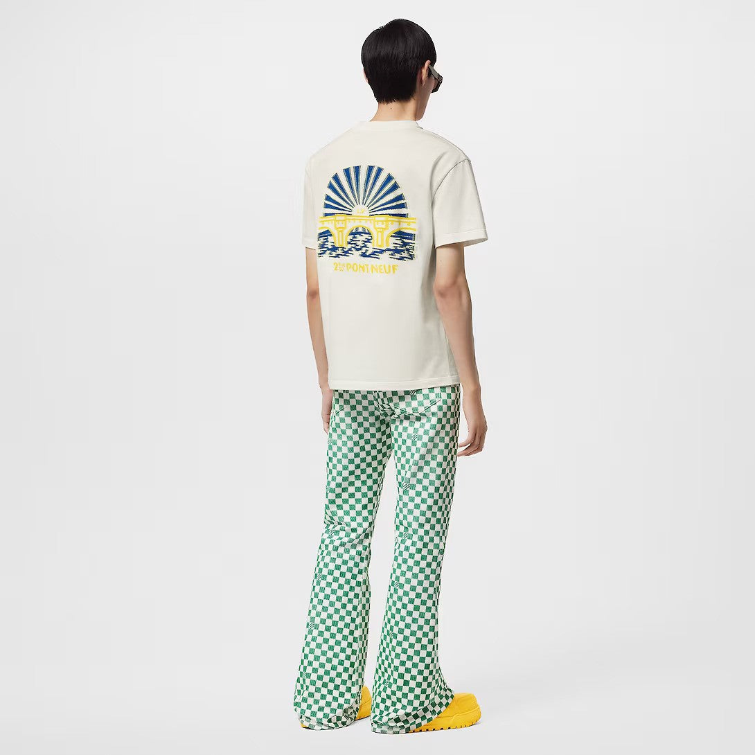 Intarsia Graphic Cotton T-Shirt – this soft white organic cotton t-shirt is given an arty twist with a graphic LV Pont – LUX VERSE Luxury Designer Fashion Outlet