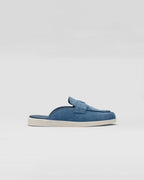 Suede sabots – the enameled metal triangle logo stands out on the front – LUX VERSE Luxury Designer Fashion Outlet