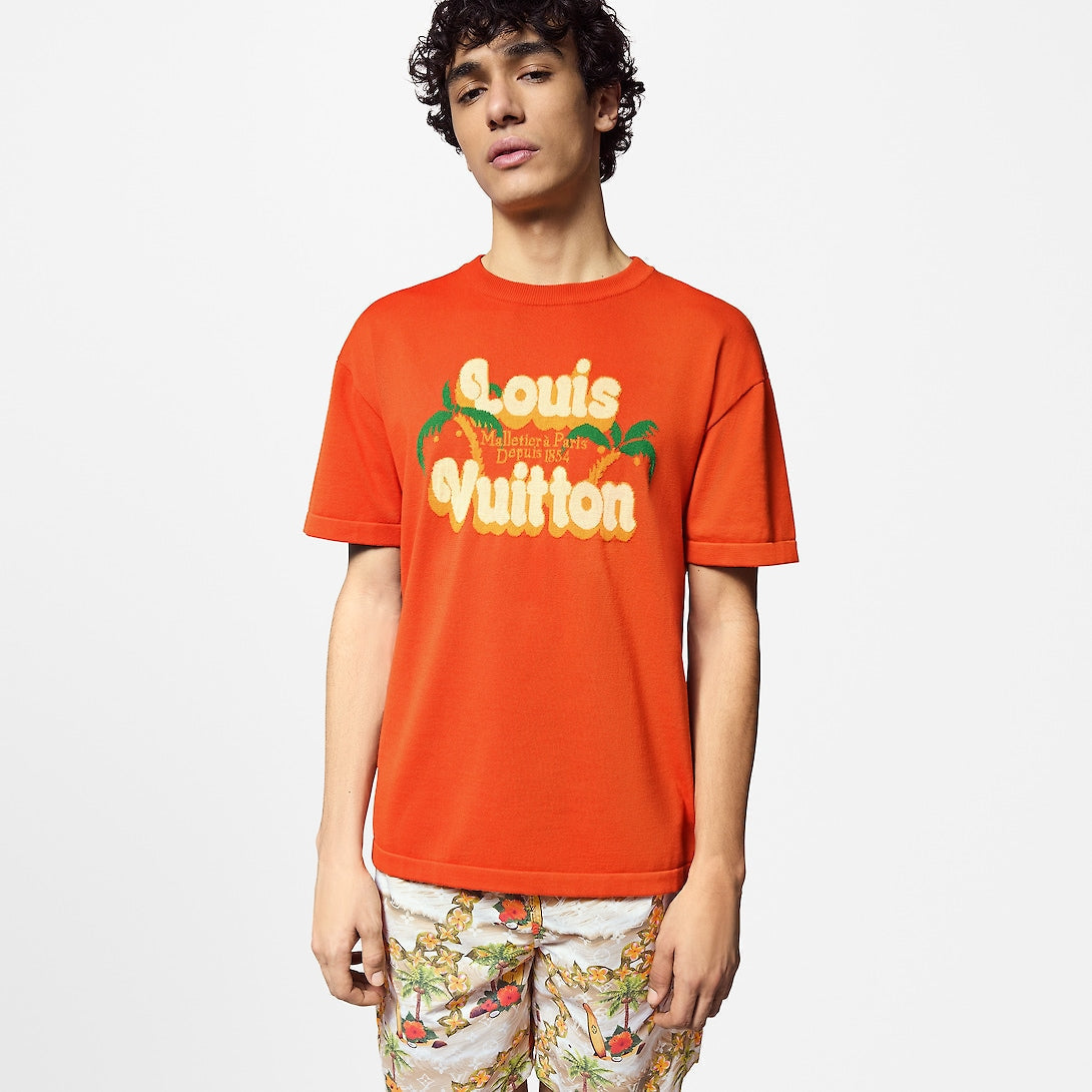Short-Sleeved Cotton Crewneck – crafted in organic knitted cotton in warm orange tones, it is embellished with an LV – LUX VERSE Luxury Designer Fashion Outlet