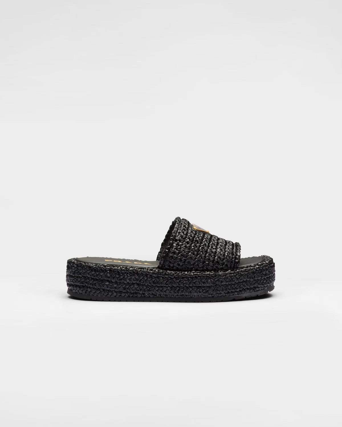 Crochet flatform slides – raffia-effect yarn Crochet workmanship Enameled metal triangle logo Monoblock rubber – LUX VERSE Luxury Designer Fashion Outlet