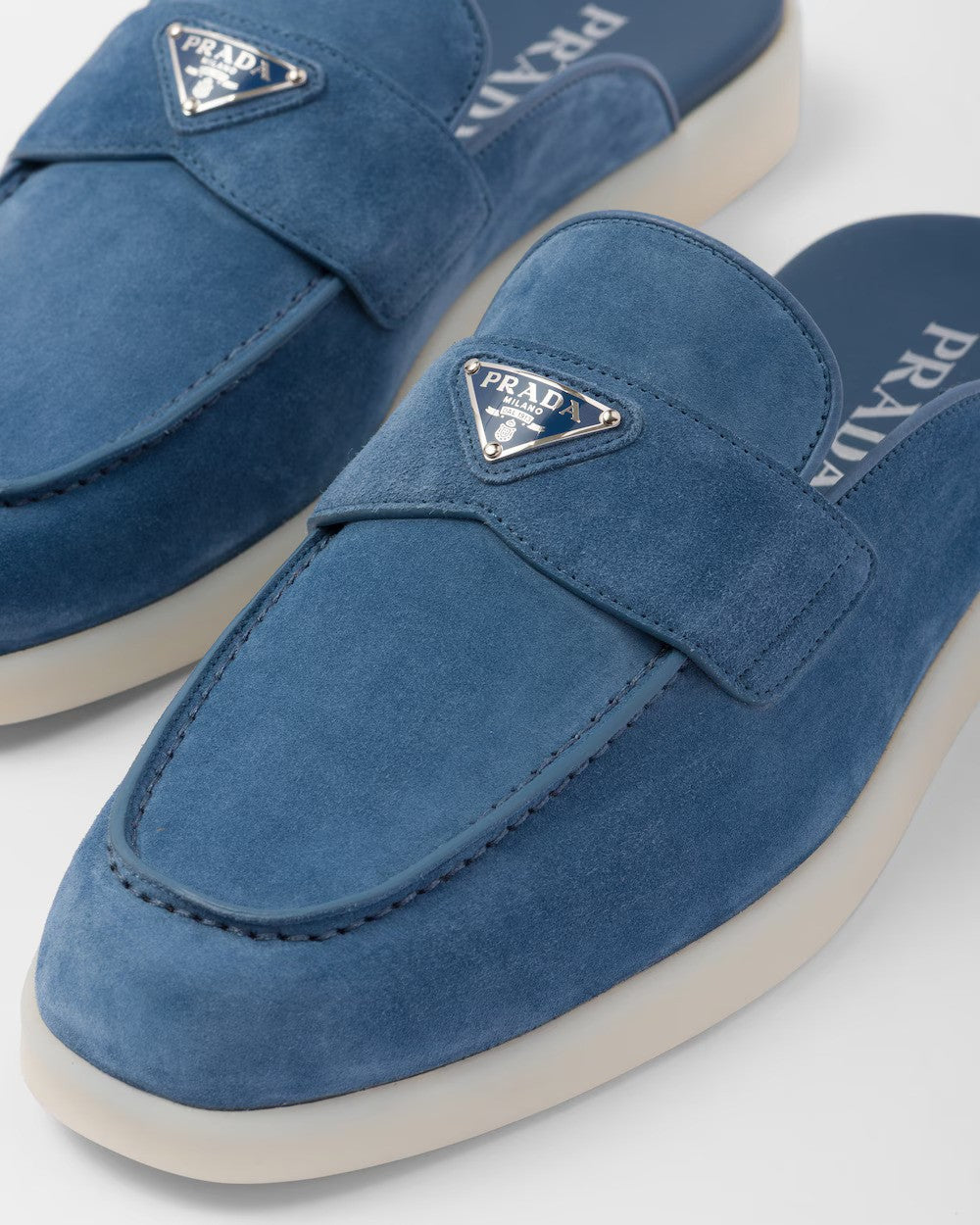 Suede sabots – leather lining Upper with band decorated with the enameled metal triangle logo 15 mm – LUX VERSE Luxury Designer Fashion Outlet