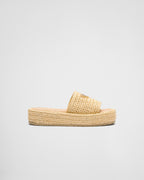 Crochet flatform slides – raffia-effect yarn Crochet workmanship Enameled metal triangle logo Monoblock rubber – LUX VERSE Luxury Designer Fashion Outlet