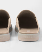 Suede sabots – leather lining Upper with band decorated with the enameled metal triangle logo 15 mm – LUX VERSE Luxury Designer Fashion Outlet