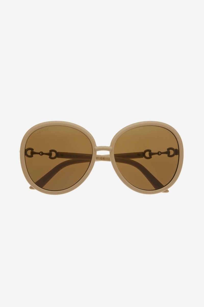 Beige sunglasses with horsebit detail – this oversize hexagonal round shape with a vintage inspiration is embellished by – LUX VERSE Luxury Designer Fashion Outlet