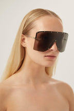 Black bold 80s inspired mask sunglasses – the oversize havana flat top mask distinguished by a bold metal structure is – LUX VERSE Luxury Designer Fashion Outlet
