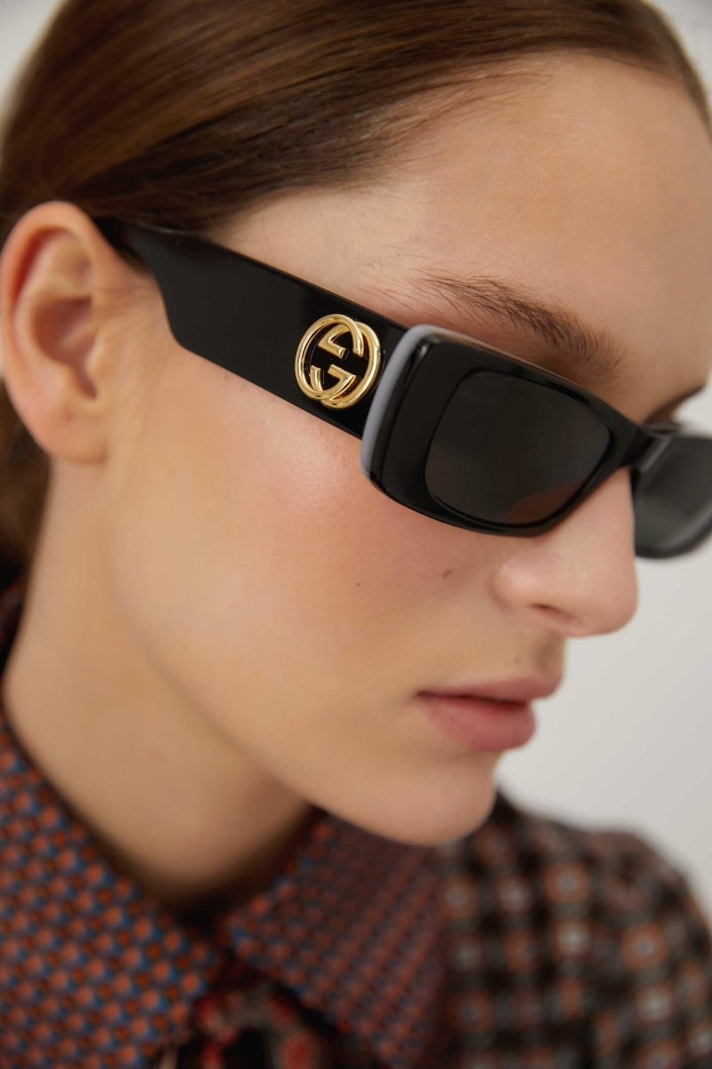 Black micro rectangular female sunglasses – the black tone its combined with mother of pearl tones color palette in connection – LUX VERSE Luxury Designer Fashion Outlet