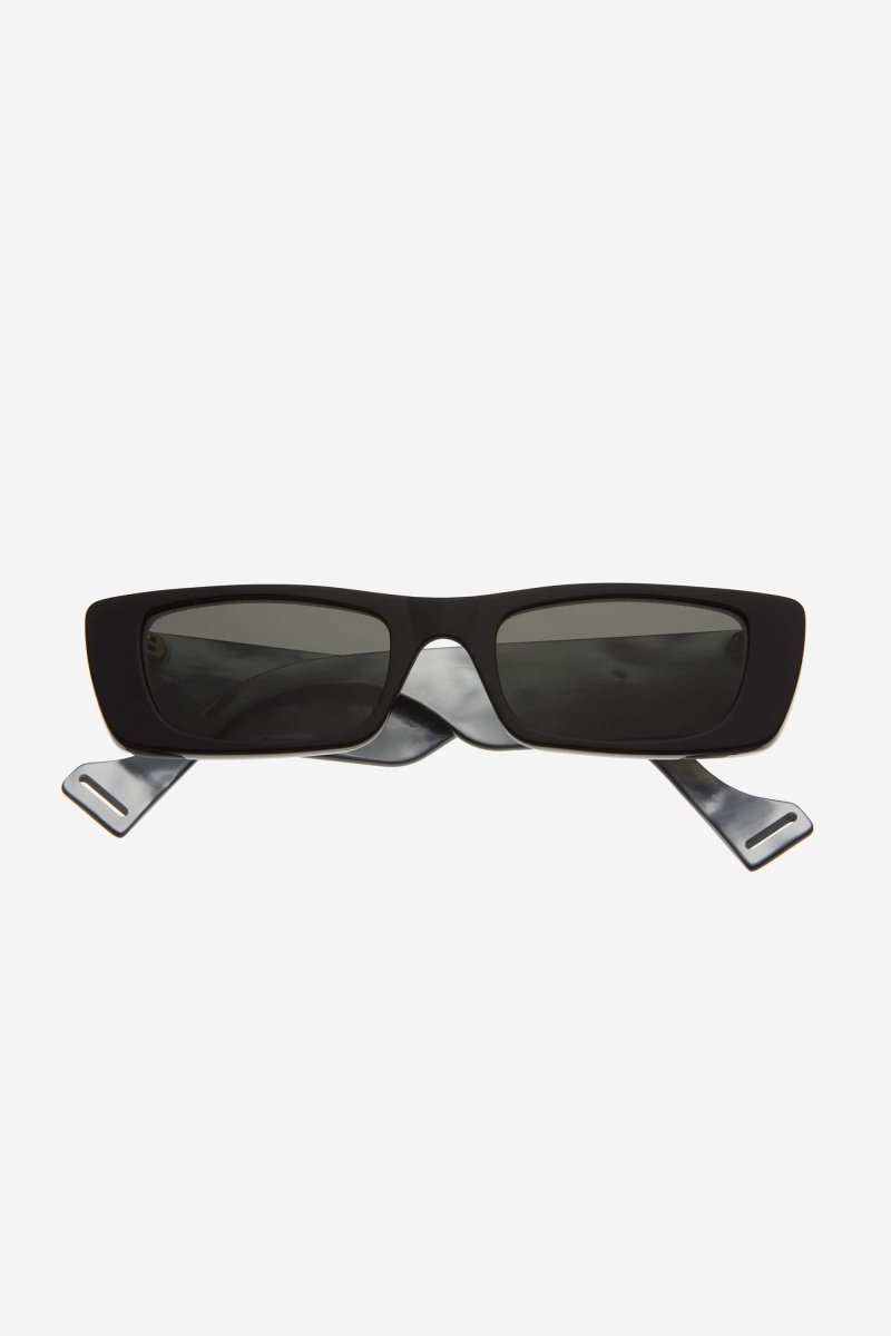 Black micro rectangular female sunglasses – the temple tips end with a perforeted end tip – LUX VERSE Luxury Designer Fashion Outlet