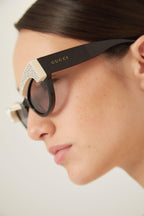 Cat eye black acetate sunglasses with Swarovski – the square shape is made unique thanks to the bold eyebrow that are so visible – LUX VERSE Luxury Designer Fashion Outlet