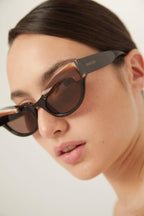Cat eye brown acetate sunglasses – the square shape is made unique thanks to the bold eyebrow that are so visible – LUX VERSE Luxury Designer Fashion Outlet