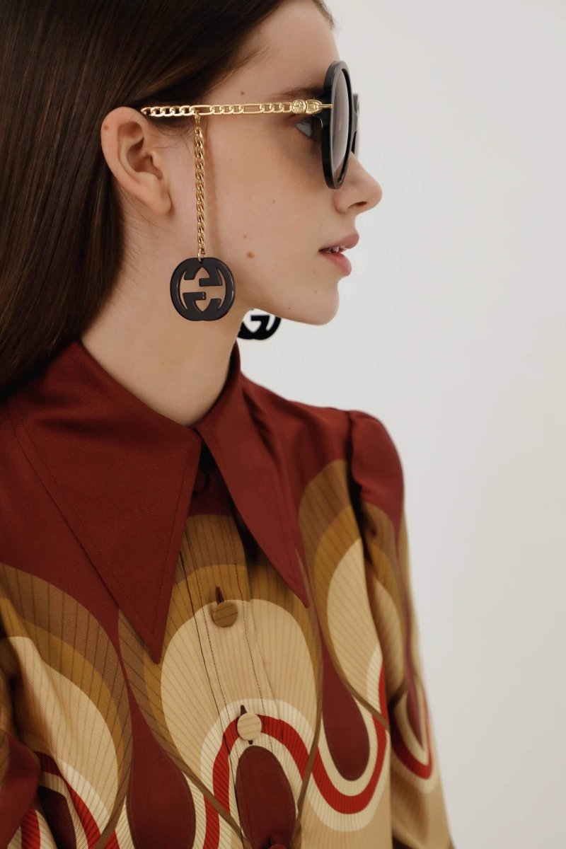 Chain black round acetate sunglasses – interlocking logo interpreted on heart-shaped removable earrings – LUX VERSE Luxury Designer Fashion Outlet