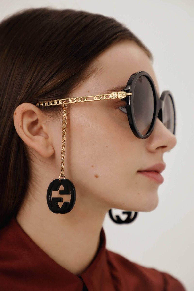 Chain black round acetate sunglasses – fashionable extra-round shape combined with metal chain temples – LUX VERSE Luxury Designer Fashion Outlet