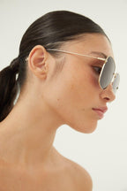 Gold squared sunglasses with disco ball charms – the full metal square shape is enriched by new playful pendants – LUX VERSE Luxury Designer Fashion Outlet