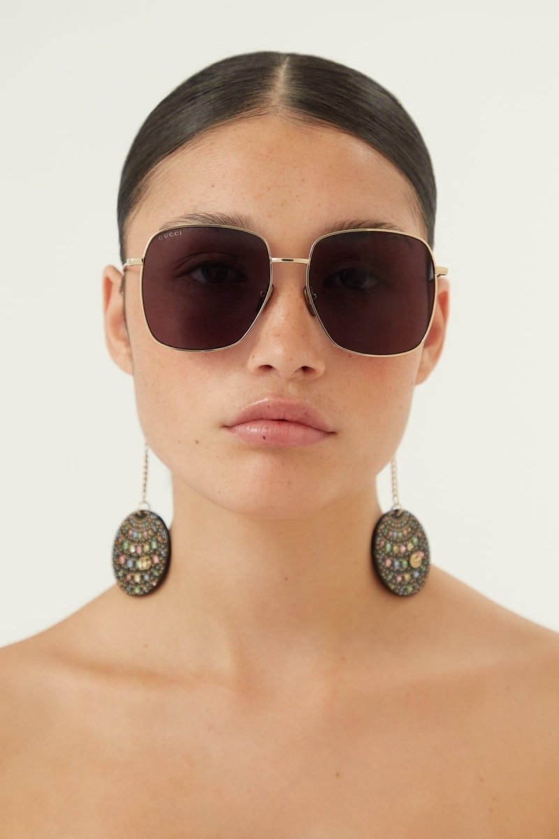 Gold squared sunglasses with disco ball charms – the full metal square shape is enriched by new playful pendants – LUX VERSE Luxury Designer Fashion Outlet