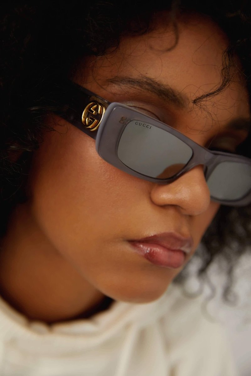 Grey rectangular female sunglasses – the grey tone its combined with mother of pearl tones color palette in connection – LUX VERSE Luxury Designer Fashion Outlet