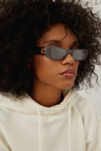 Grey rectangular female sunglasses – the temple tips end with a perforeted end tip – LUX VERSE Luxury Designer Fashion Outlet