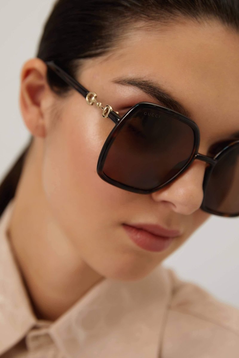 Hexagonal havana sunglasses with horsebit detail – the Logo is featured with the same refined feeling as the fashion house does for – LUX VERSE Luxury Designer Fashion Outlet