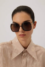 Hexagonal havana sunglasses with horsebit detail – for the first time, the iconic Horsebit, is interpreted in the Eyewear – LUX VERSE Luxury Designer Fashion Outlet