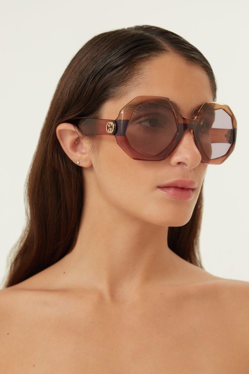 Hexagonal tricolor brown sunglasses – this unique sun style is characterized by a faceted construction to harmonize – LUX VERSE Luxury Designer Fashion Outlet