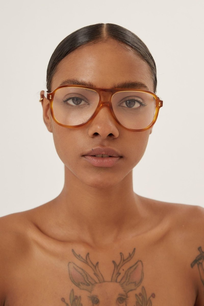 Light havana pilot with double bridge frame – unique collection of sophisticated acetate styles inspired by the shapes worn – LUX VERSE Luxury Designer Fashion Outlet
