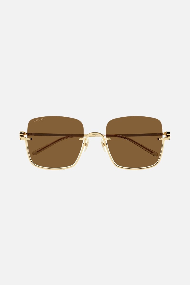 Metal squared sunglasses with brown lenses – upside down GG Interlocking logo on both temples – LUX VERSE Luxury Designer Fashion Outlet
