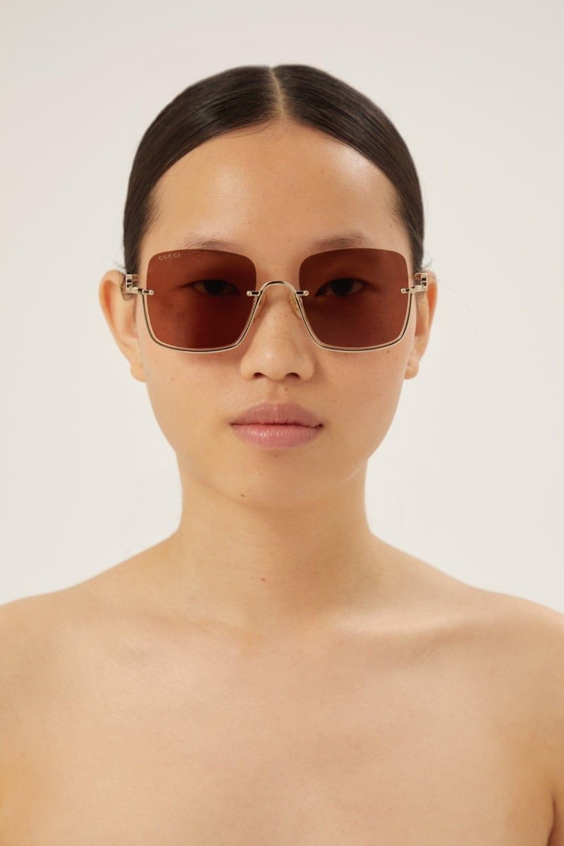 Metal squared sunglasses with brown lenses – upside down GG Interlocking logo on both temples – LUX VERSE Luxury Designer Fashion Outlet
