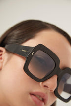 Oversized squared sustainable black sunglasses – the frames contain up to 68% bio-based acetate and are enriched with mineral glass – LUX VERSE Luxury Designer Fashion Outlet