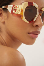 Round bold multicolor sunglasses – extra metal gold GG Interlocking logo on both temples – LUX VERSE Luxury Designer Fashion Outlet