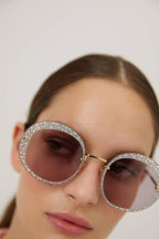 Round rimless sunglasses with Swarovski stones – round rimless violet sunglasses with Swarovski – LUX VERSE Luxury Designer Fashion Outlet